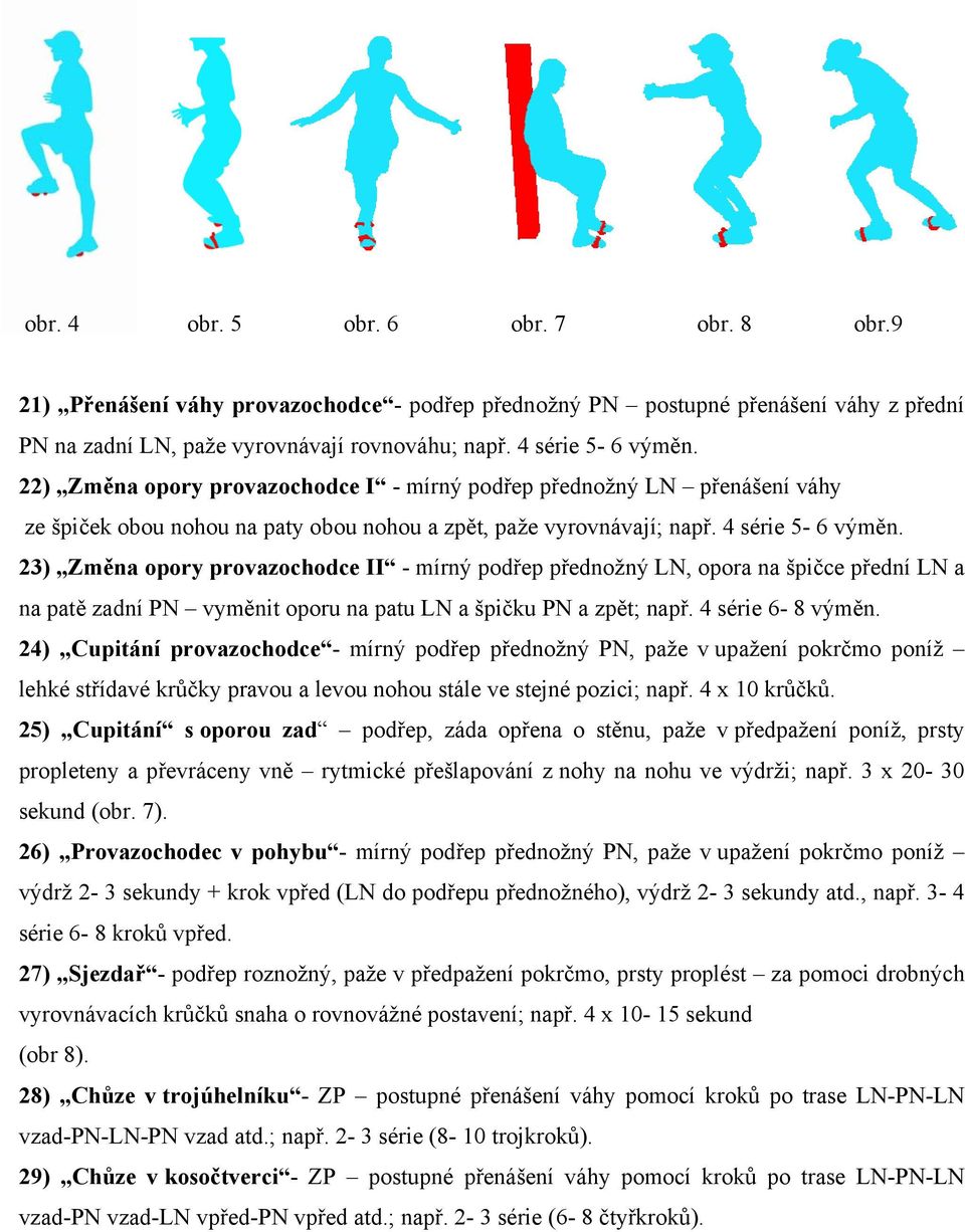 23) Změna opory provazochodce II - mírný podřep přednožný LN, opora na špičce přední LN a na patě zadní PN vyměnit oporu na patu LN a špičku PN a zpět; např. 4 série 6-8 výměn.