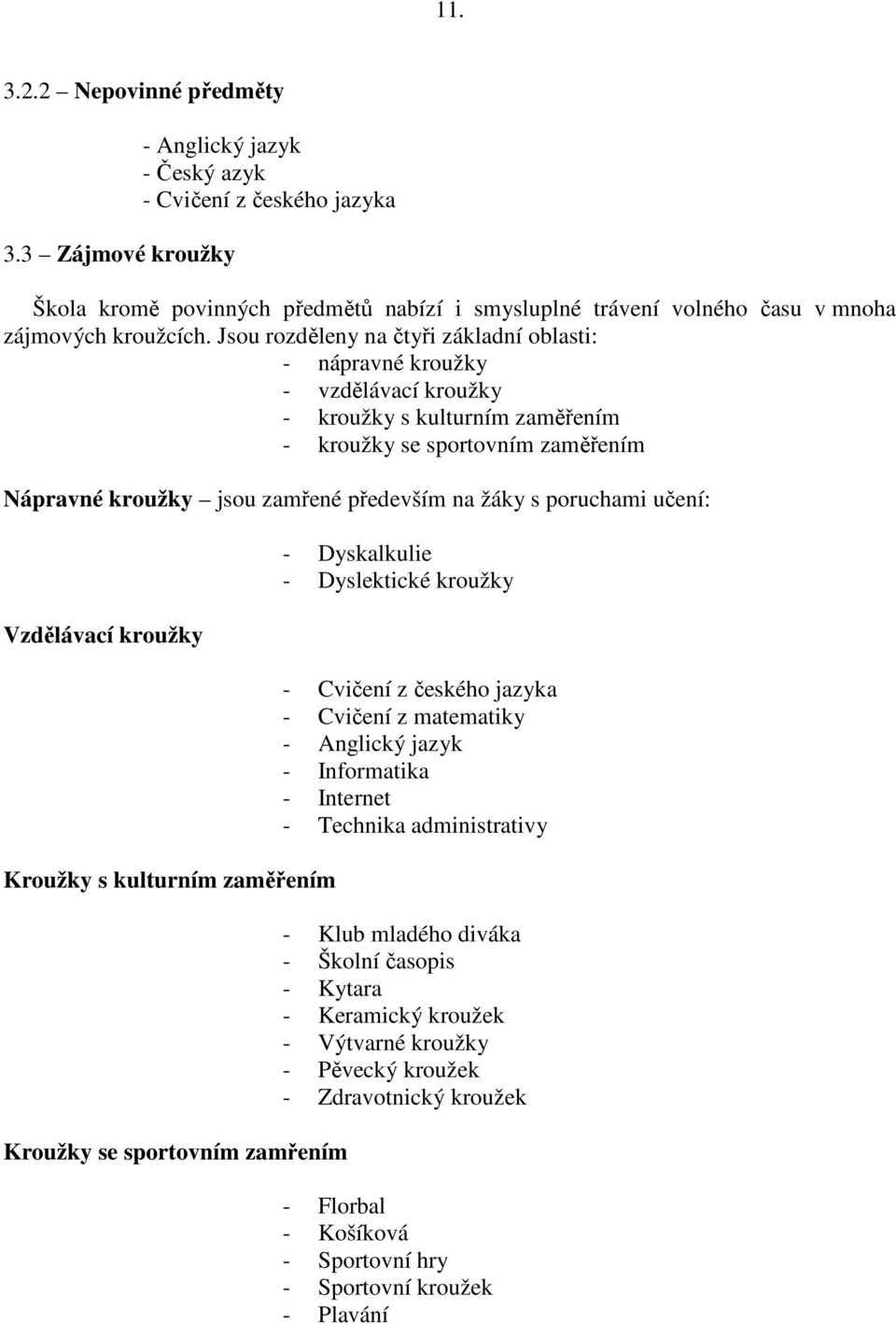 Jsou rozděleny na čtyři základní oblasti: - nápravné kroužky - vzdělávací kroužky - kroužky s kulturním zaměřením - kroužky se sportovním zaměřením Nápravné kroužky jsou zamřené především na žáky s