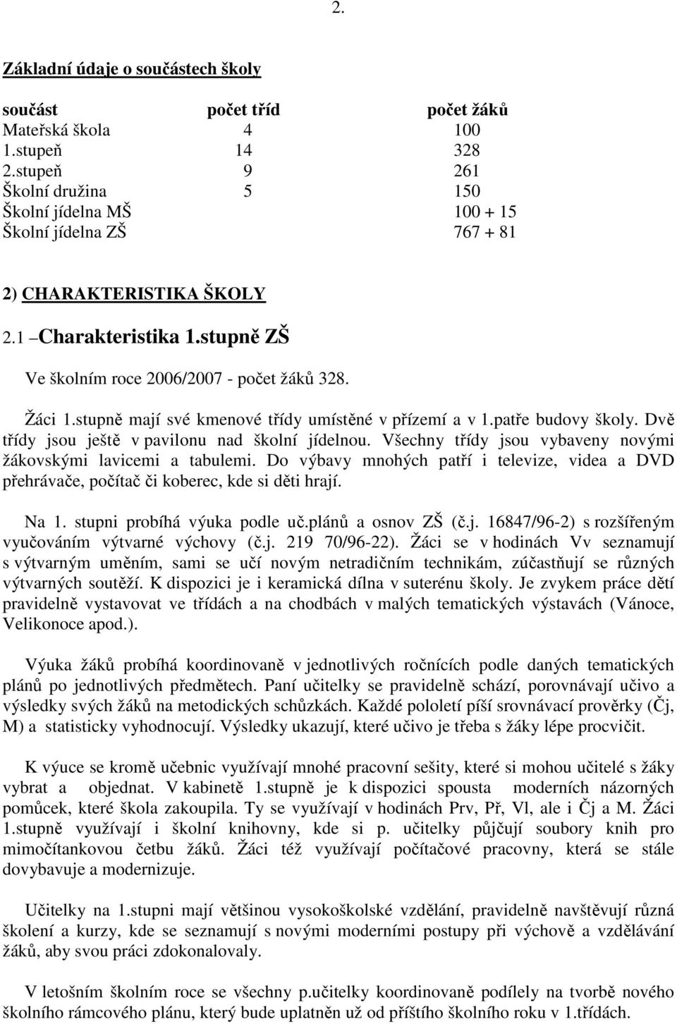 stupně mají své kmenové třídy umístěné v přízemí a v 1.patře budovy školy. Dvě třídy jsou ještě v pavilonu nad školní jídelnou. Všechny třídy jsou vybaveny novými žákovskými lavicemi a tabulemi.