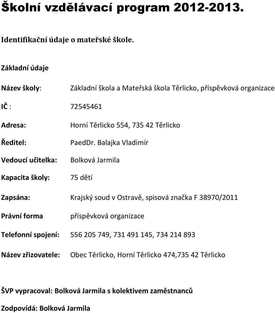 školy: Horní Těrlicko 554, 735 42 Těrlicko PaedDr.