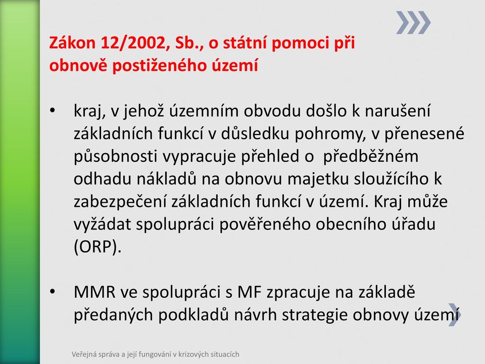 funkcí v důsledku pohromy, v přenesené působnosti vypracuje přehled o předběžném odhadu nákladů na obnovu