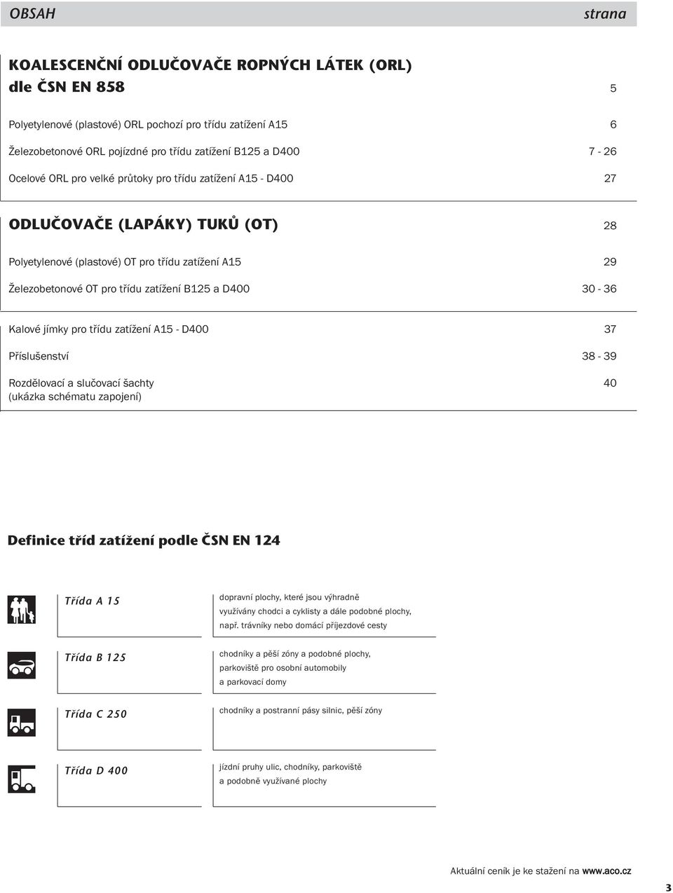 30-36 Kalové jímky pro třídu zatížení A15 - D400 37 Příslušenství 38-39 Rozdělovací a slučovací šachty 40 (ukázka schématu zapojení) Definice tfiíd zatíïení podle âsn EN 124 Tfiída A 15 dopravní