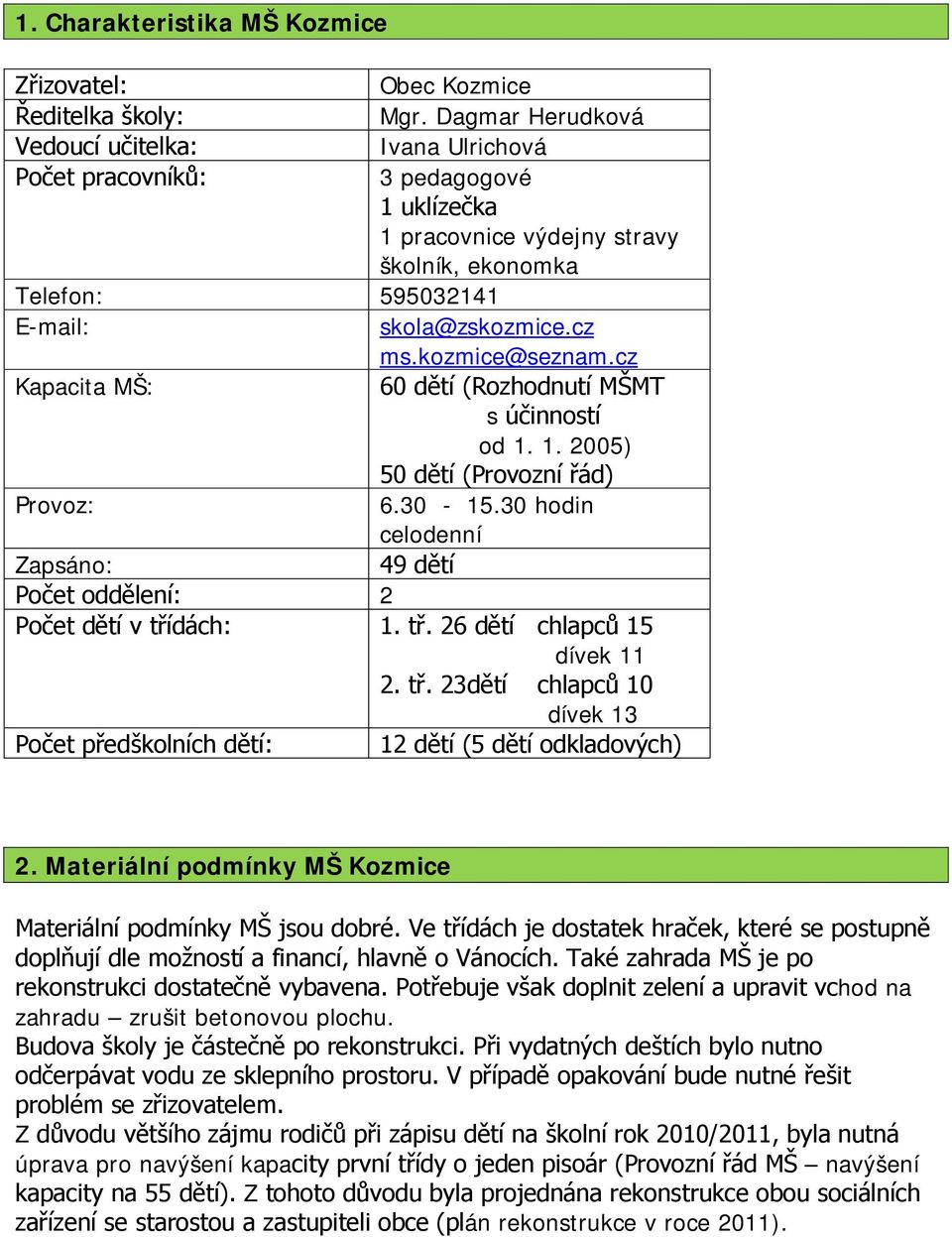 kozmice@seznam.cz Kapacita MŠ: 60 dětí (Rozhodnutí MŠMT s účinností od 1. 1. 2005) 50 dětí (Provozní řád) Provoz: 6.30-15.30 hodin celodenní Zapsáno: 49 dětí Počet oddělení: 2 Počet dětí v třídách: 1.