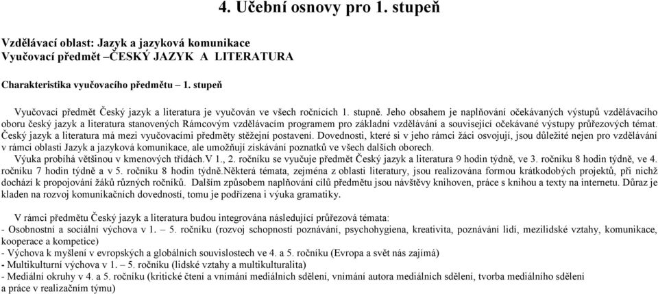 Jeho obsahem je naplňování očekávaných výstupů vzdělávacího oboru český jazyk a literatura stanovených Rámcovým vzdělávacím programem pro základní vzdělávání a související očekávané výstupy