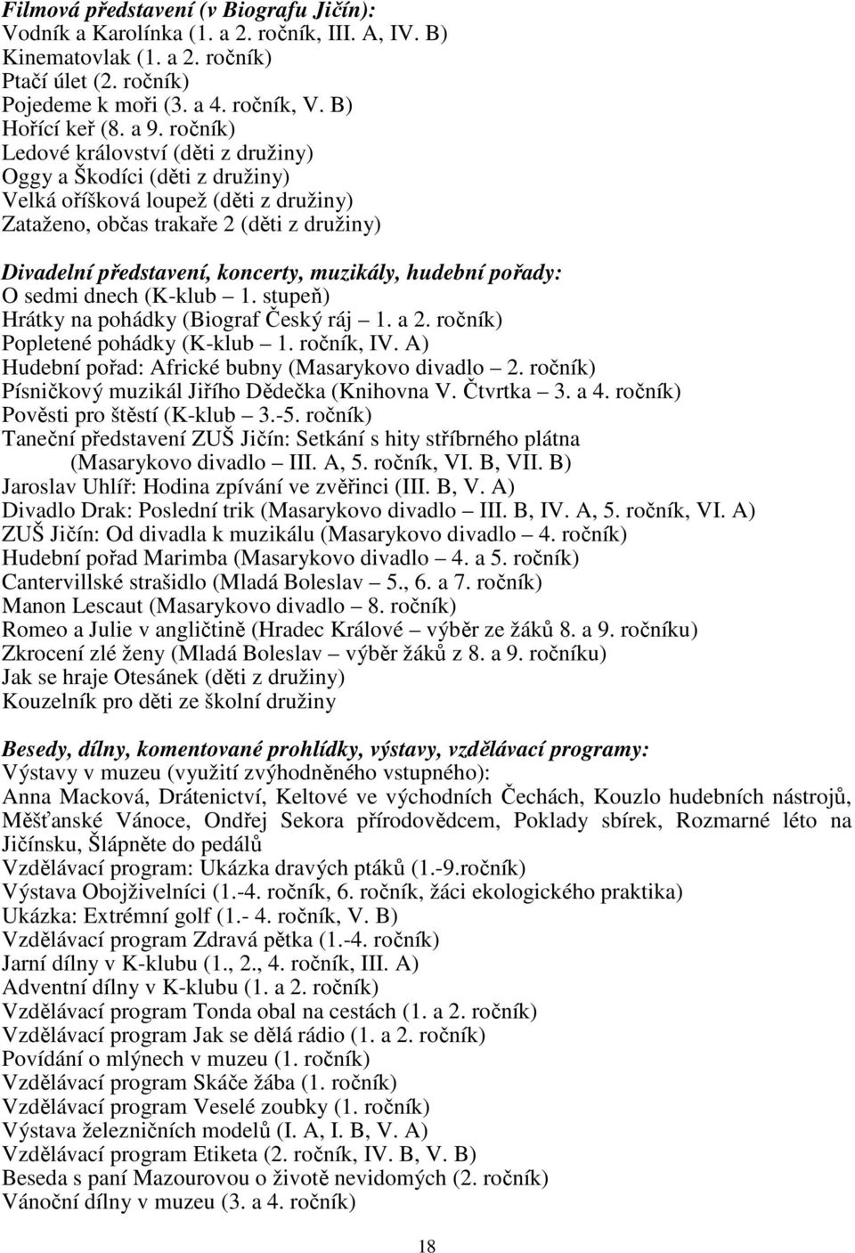 muzikály, hudební pořady: O sedmi dnech (K-klub 1. stupeň) Hrátky na pohádky (Biograf Český ráj 1. a 2. ročník) Popletené pohádky (K-klub 1. ročník, IV.