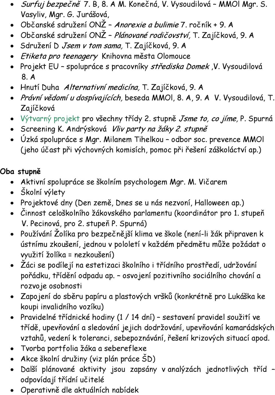 A Hnutí Duha Alternativní medicína, T. Zajíčková, 9. A Právní vědomí u dospívajících, beseda MMOl, 8. A, 9. A V. Vysoudilová, T. Zajíčková Výtvarný projekt pro všechny třídy 2.