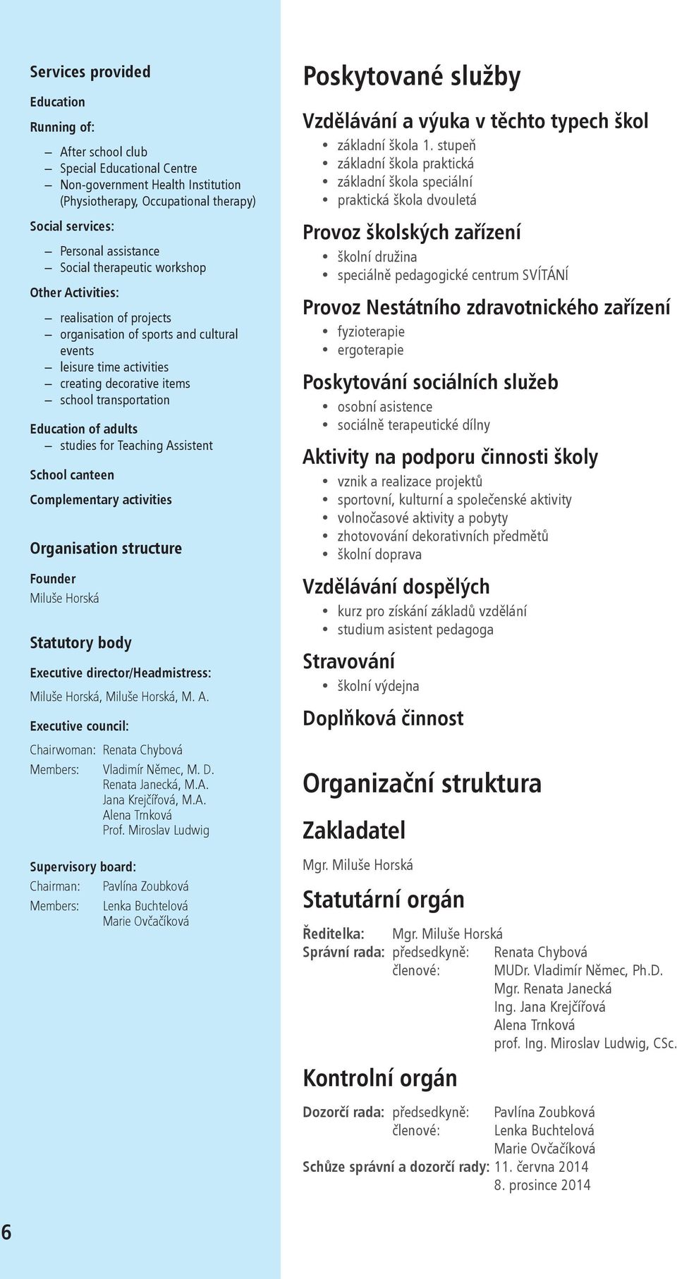 adults studies for Teaching Assistent School canteen Complementary activities Organisation structure Founder Miluše Horská Statutory body Executive director/headmistress: Miluše Horská, Miluše