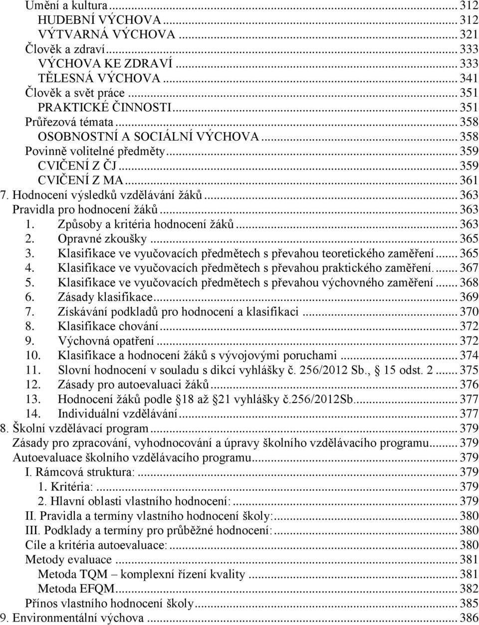 .. 363 Pravidla pro hodnocení ţáků... 363 1. Způsoby a kritéria hodnocení ţáků... 363 2. Opravné zkoušky... 365 3. Klasifikace ve vyučovacích předmětech s převahou teoretického zaměření... 365 4.