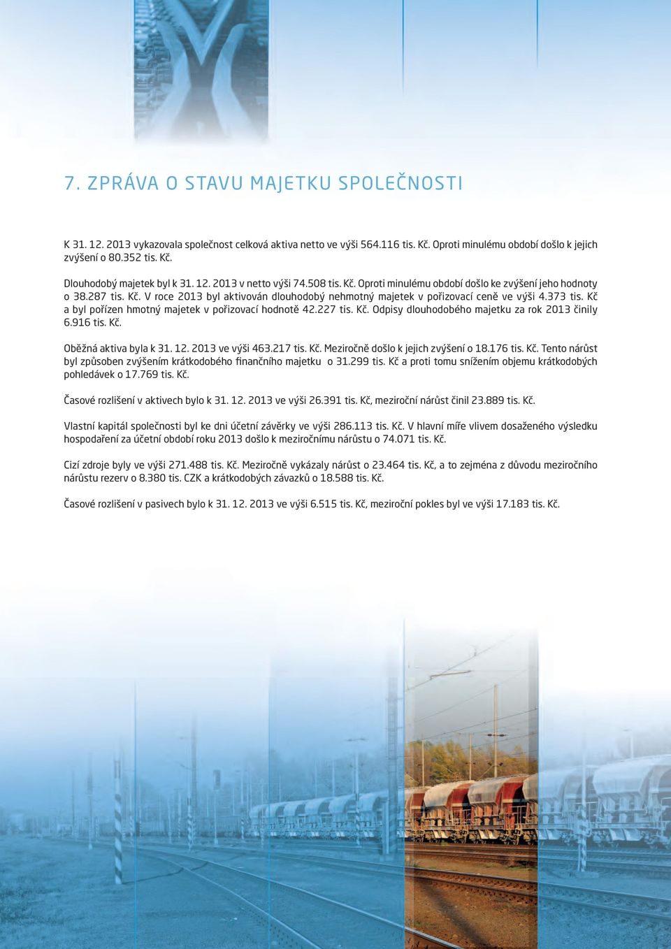 Kč a byl pořízen hmotný majetek v pořizovací hodnotě 42.227 tis. Kč. Odpisy dlouhodobého majetku za rok 2013 činily 6.916 tis. Kč. Oběžná aktiva byla k 31. 12. 2013 ve výši 463.217 tis. Kč. Meziročně došlo k jejich zvýšení o 18.
