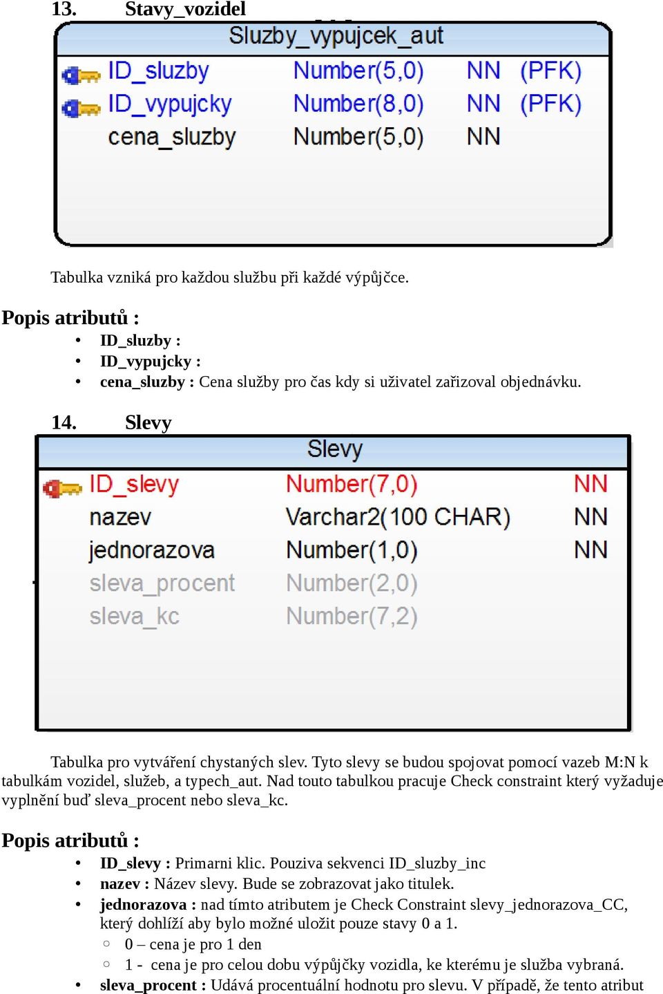 Nad touto tabulkou pracuje Check constraint který vyžaduje vyplnění buď sleva_procent nebo sleva_kc. ID_slevy : Primarni klic. Pouziva sekvenci ID_sluzby_inc nazev : Název slevy.