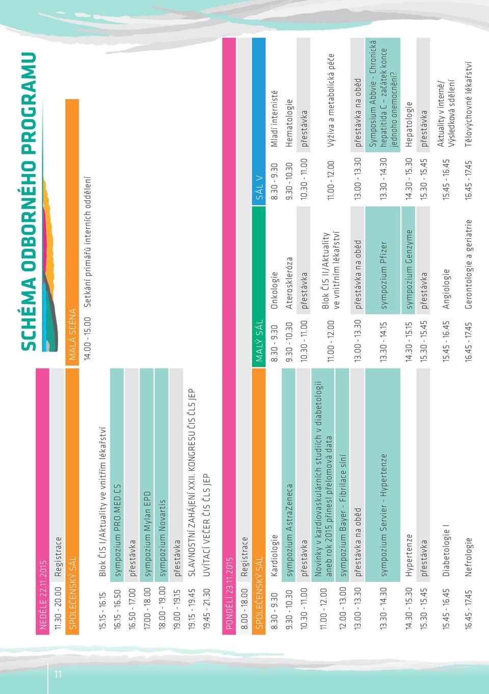 30 UVÍTACÍ VEČER ČIS ČLS JEP SCHÉMA ODBORNÉHO PROGRAMU MALÁ SCÉNA 14.00-15.00 Setkání primářů interních oddělení PONDĚLÍ 23.11.2015 8.00-18.00 Registrace SPOLEČENSKÝ SÁL MALÝ SÁL SÁL V 8.30-9.