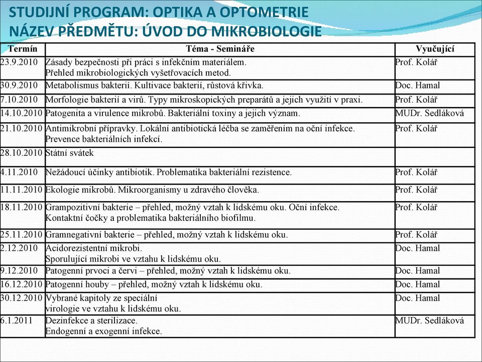 Typy mikroskopických preparátů a jejich využití v praxi. Prof. Kolář 4.0.200 Patogenita a virulence mikrobů. Bakteriální toxiny a jejich význam. MUDr. Sedláková 2.0.200 Antimikrobní přípravky.