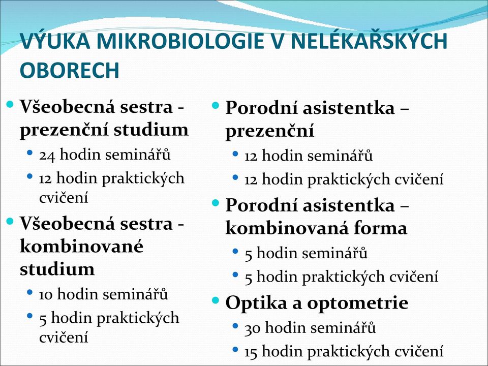 Porodní asistentka prezenční 2 hodin seminářů 2 hodin praktických cvičení Porodní asistentka kombinovaná