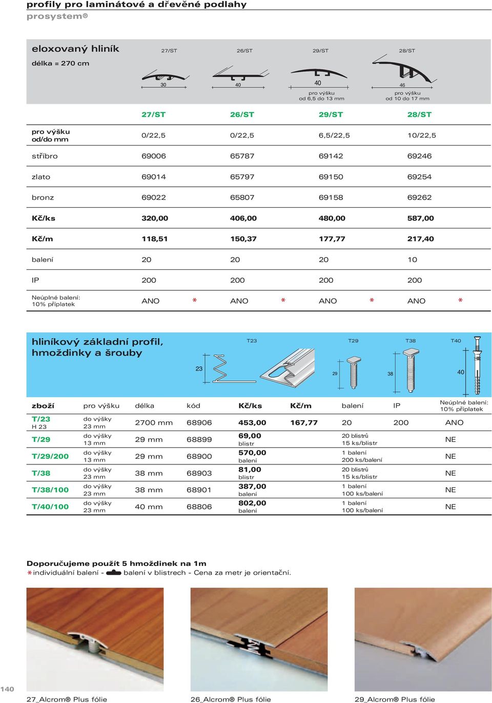 hliníkový základní profil, hmoždinky a šrouby T23 T29 T38 T40 zboží délka kód Kč/ks Kč/m balení IP T/23 H 23 T/29 T/29/200 T/38 T/38/100 T/40/100 do výšky 23 mm do výšky 13 mm do výšky 13 mm do výšky