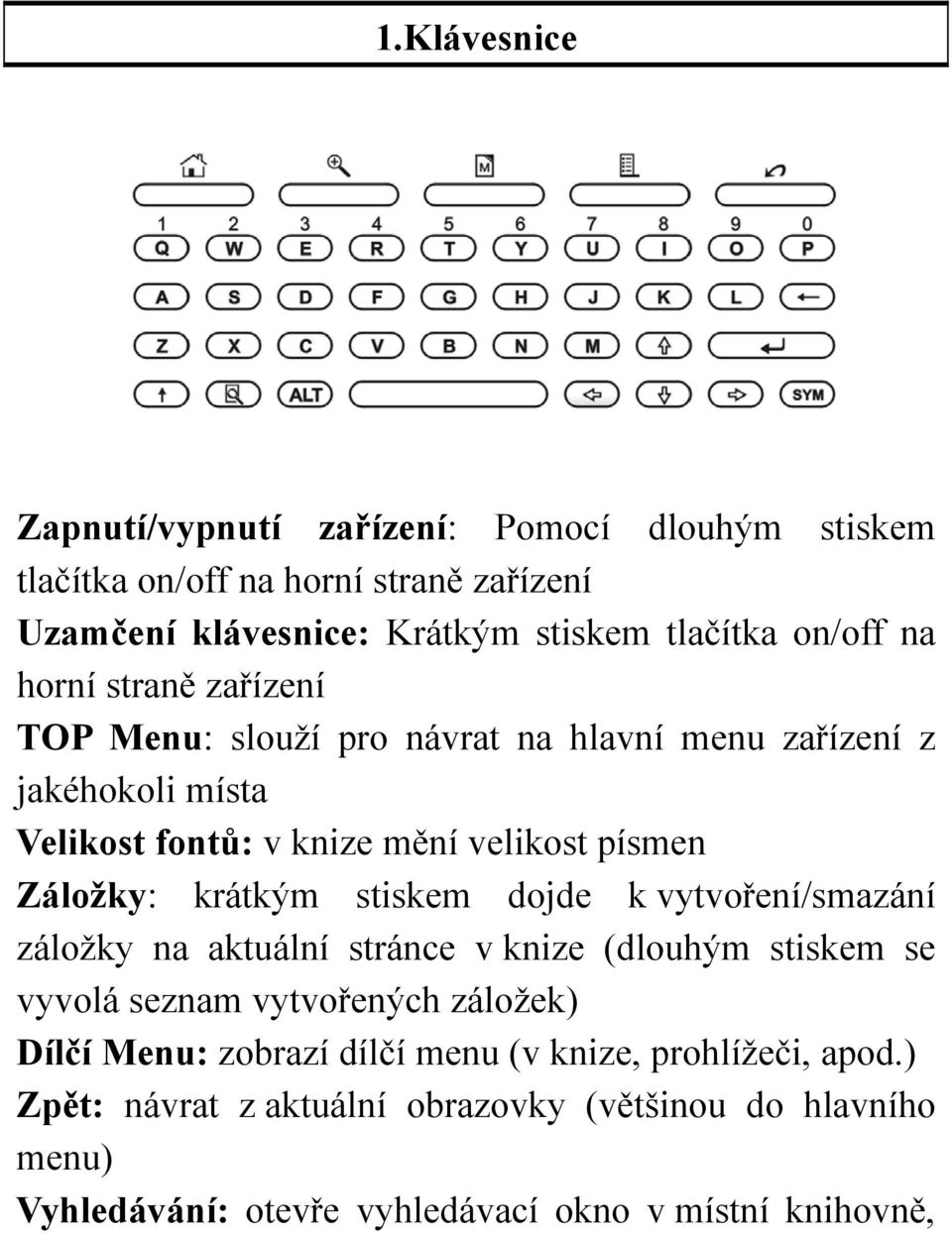 Záložky: krátkým stiskem dojde k vytvoření/smazání záložky na aktuální stránce v knize (dlouhým stiskem se vyvolá seznam vytvořených záložek) Dílčí Menu: