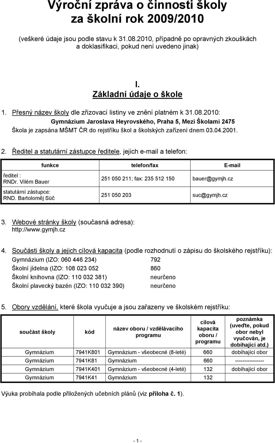 2010: Gymnázium Jaroslava Heyrovského, Praha 5, Mezi Školami 2475 Škola je zapsána MŠMT ČR do rejstříku škol a školských zařízení dnem 03.04.2001. 2. Ředitel a statutární zástupce ředitele, jejich e-mail a telefon: funkce telefon/fax E-mail ředitel : RNDr.