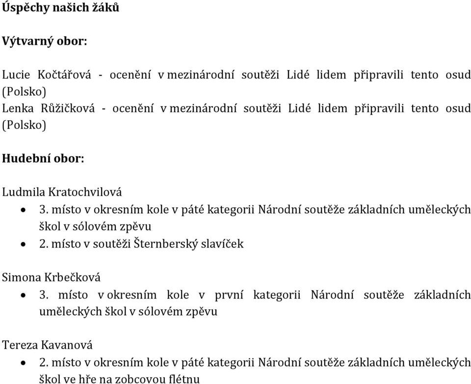 místo v okresním kole v páté kategorii Národní soutěže základních uměleckých škol v sólovém zpěvu 2. místo v soutěži Šternberský slavíček Simona Krbečková 3.