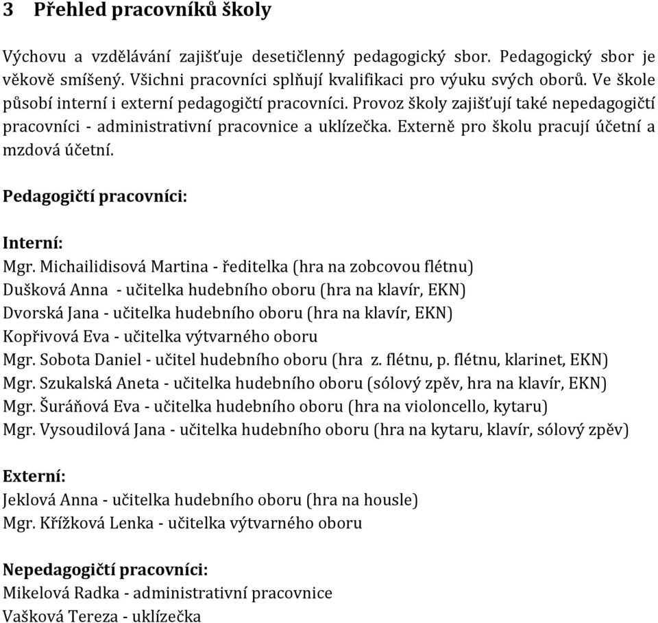 Externě pro školu pracují účetní a mzdová účetní. Pedagogičtí pracovníci: Interní: Mgr.