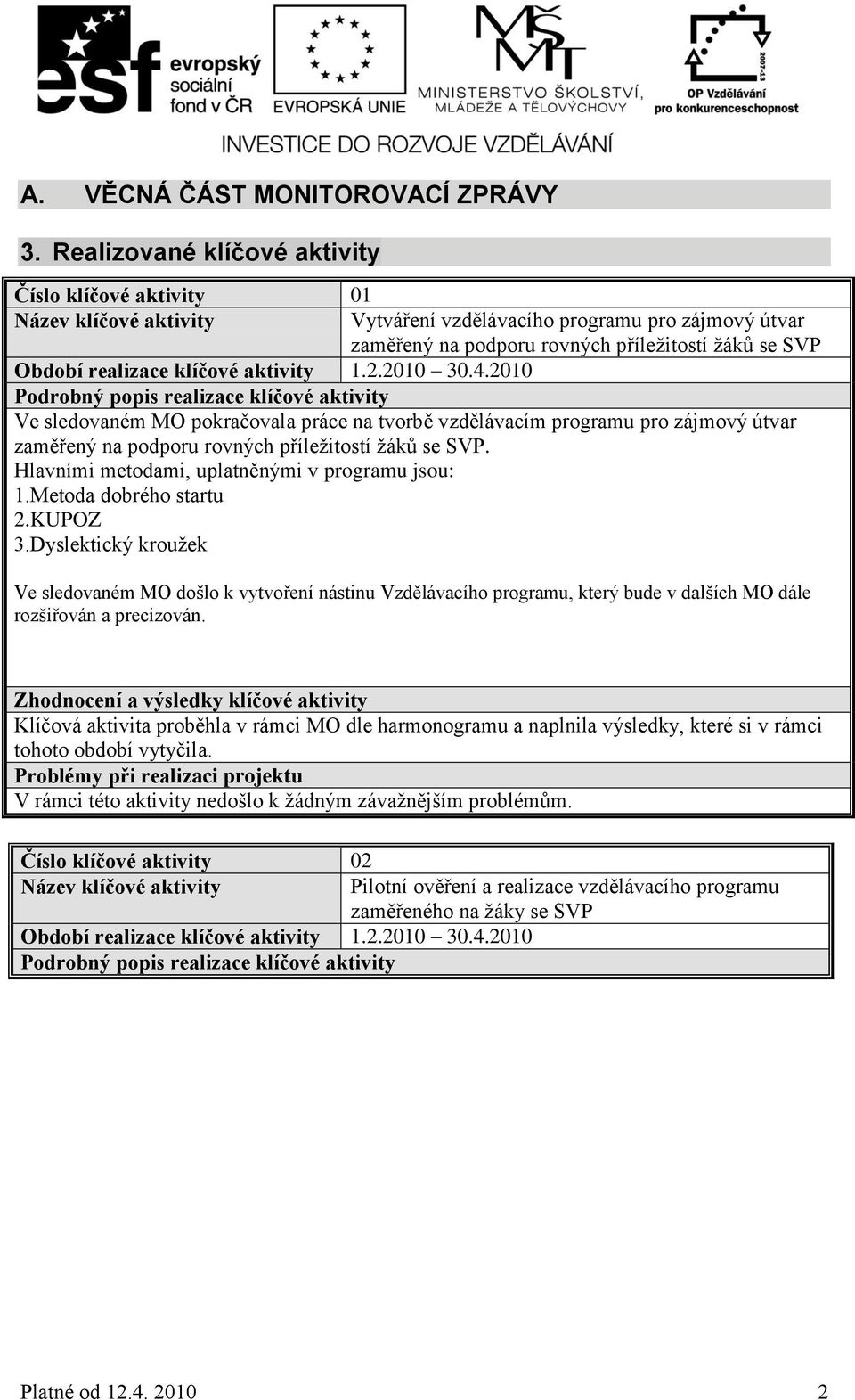 2010 30.4.2010 Podrobný popis realizace klíčové aktivity Ve sledovaném MO pokračovala práce na tvorbě vzdělávacím programu pro zájmový útvar zaměřený na podporu rovných příleţitostí ţáků se SVP.