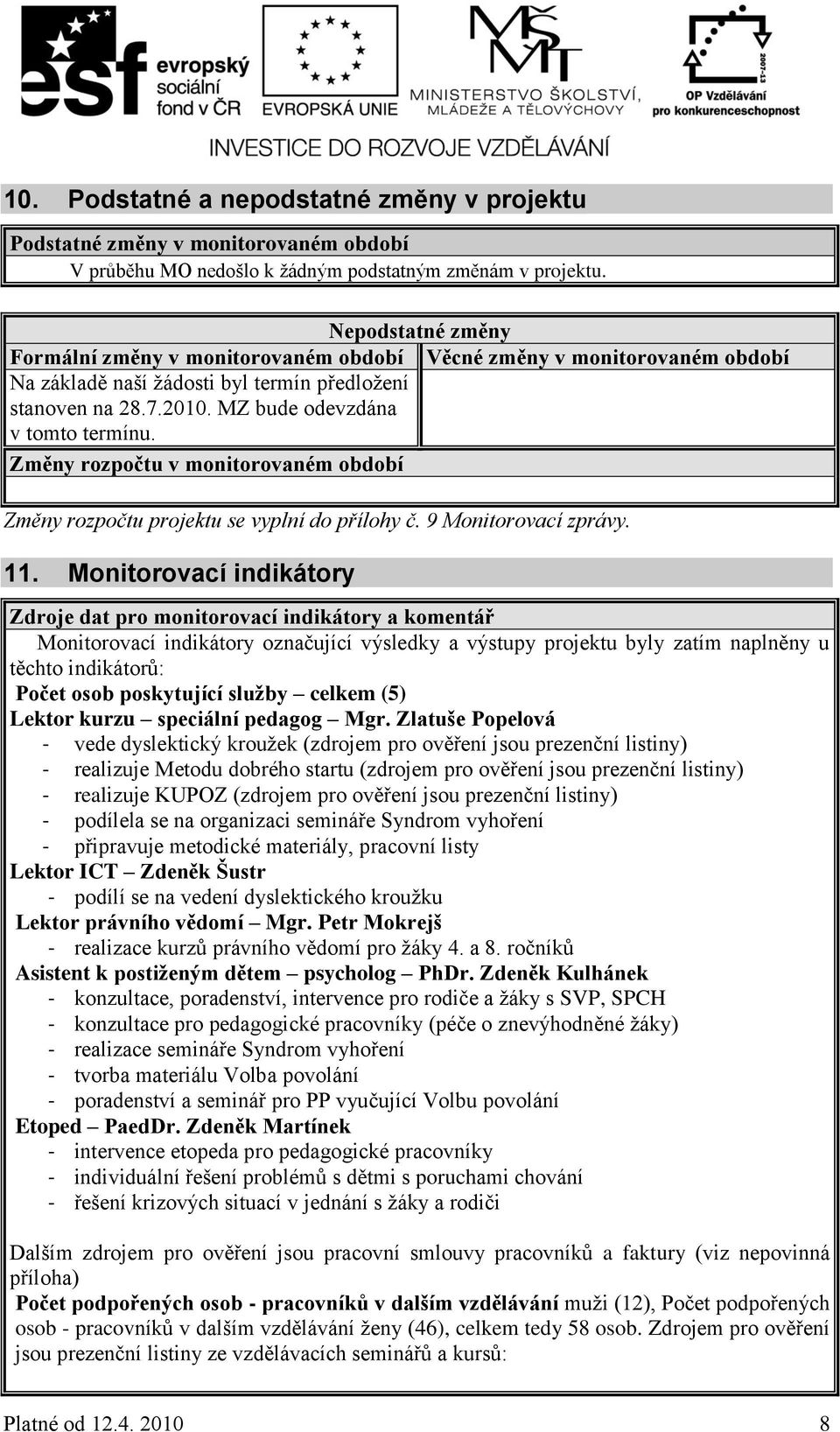 Změny rozpočtu v monitorovaném období Změny rozpočtu projektu se vyplní do přílohy č. 9 Monitorovací zprávy. 11.