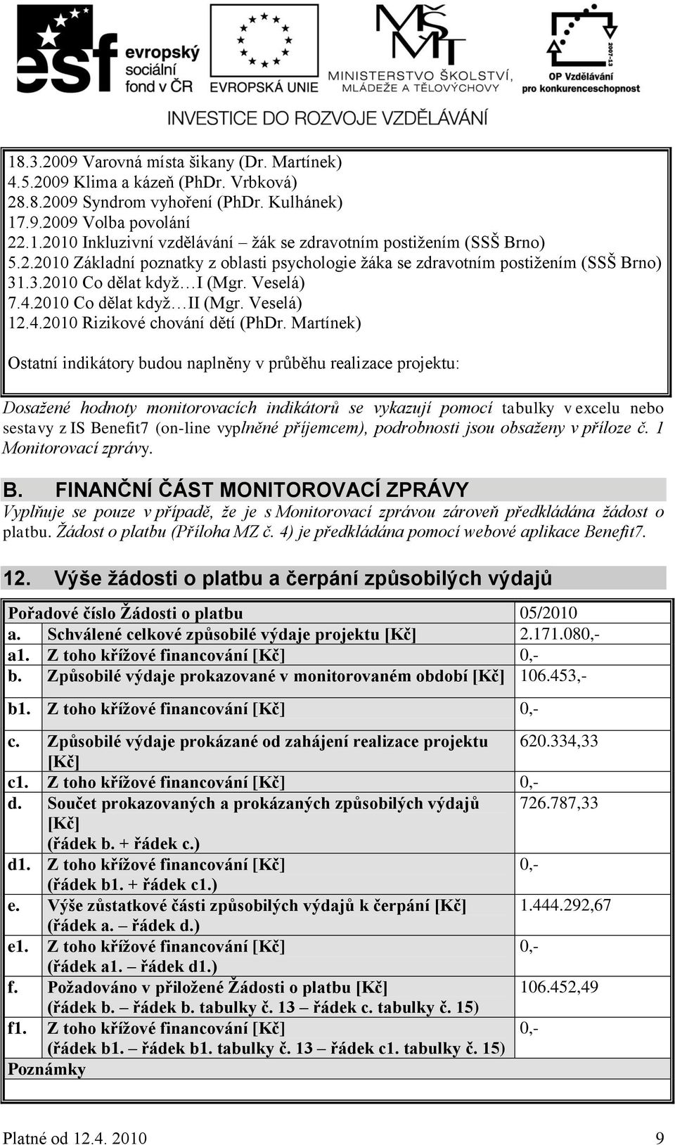 Martínek) Ostatní indikátory budou naplněny v průběhu realizace projektu: Dosažené hodnoty monitorovacích indikátorů se vykazují pomocí tabulky v excelu nebo sestavy z IS Benefit7 (on-line vyplněné