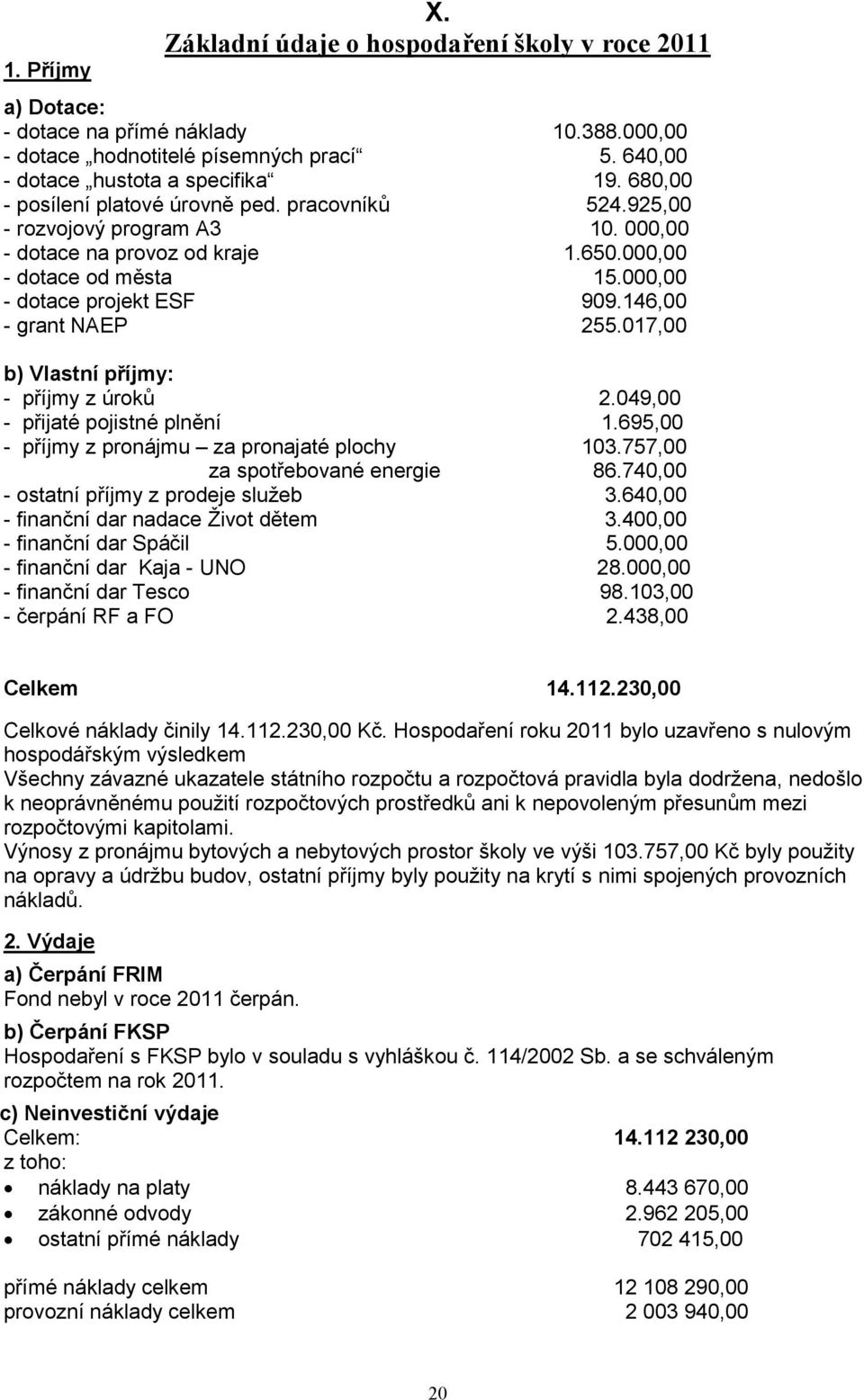 146,00 - grant NAEP 255.017,00 b) Vlastní příjmy: - příjmy z úroků 2.049,00 - přijaté pojistné plnění 695,00 - příjmy z pronájmu za pronajaté plochy 103.757,00 za spotřebované energie 86.