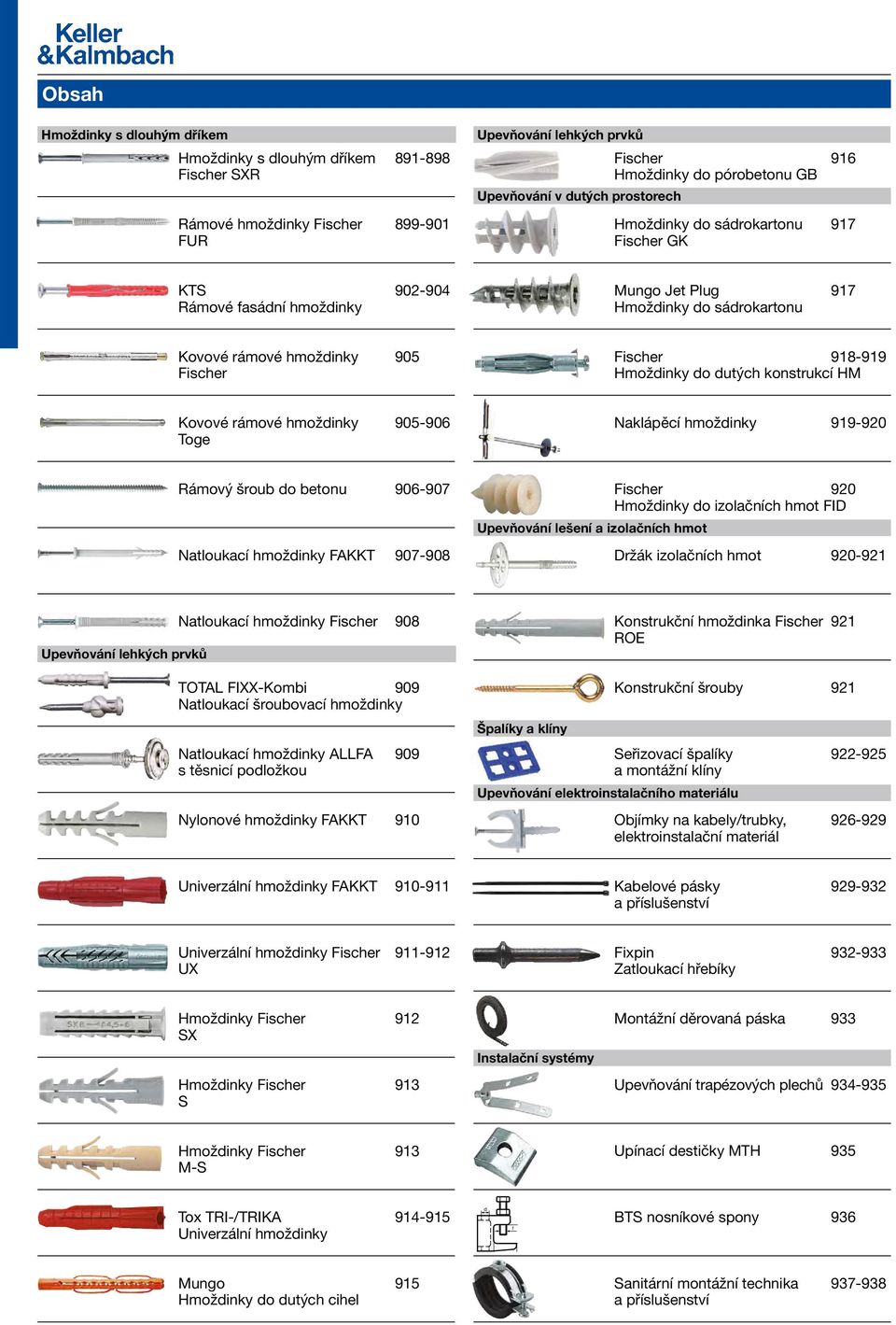 dutých konstrukcí HM Kovové rámové hmoždinky 905-906 Toge Naklápěcí hmoždinky 919-920 Rámový šroub do betonu 906-907 Natloukací hmoždinky FAKKT 907-908 Fischer 920 Hmoždinky do izolačních hmot FID