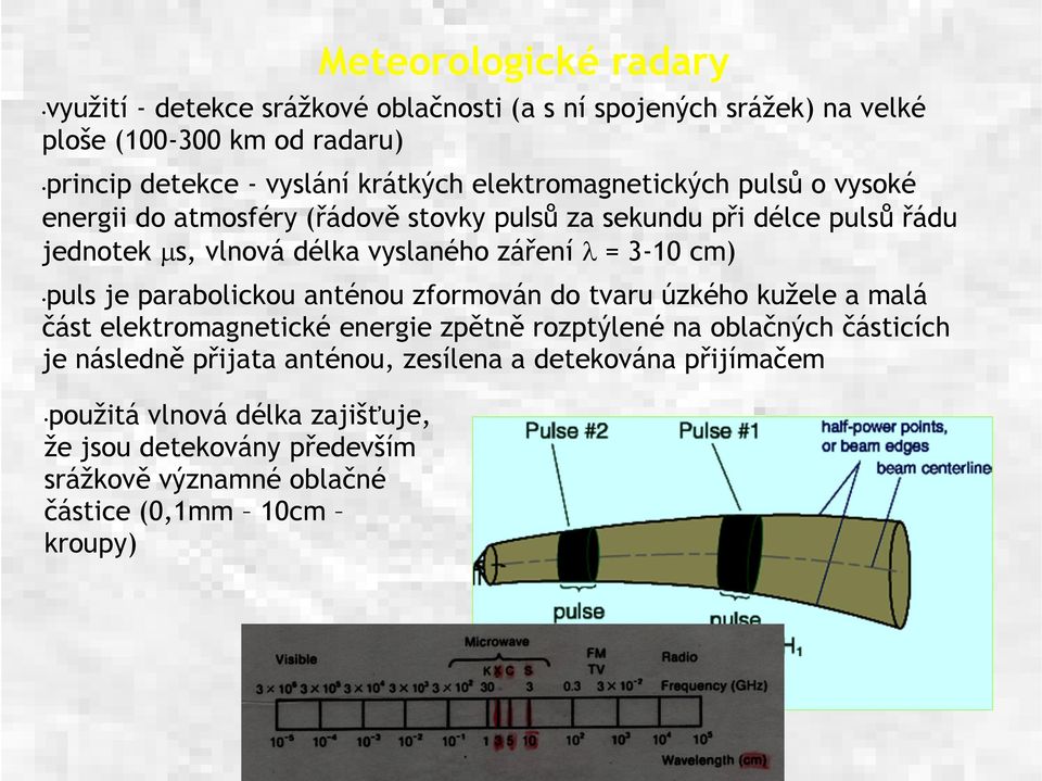 cm) puls je parabolickou anténou zformován do tvaru úzkého kužele a malá část elektromagnetické energie zpětně rozptýlené na oblačných částicích je následně