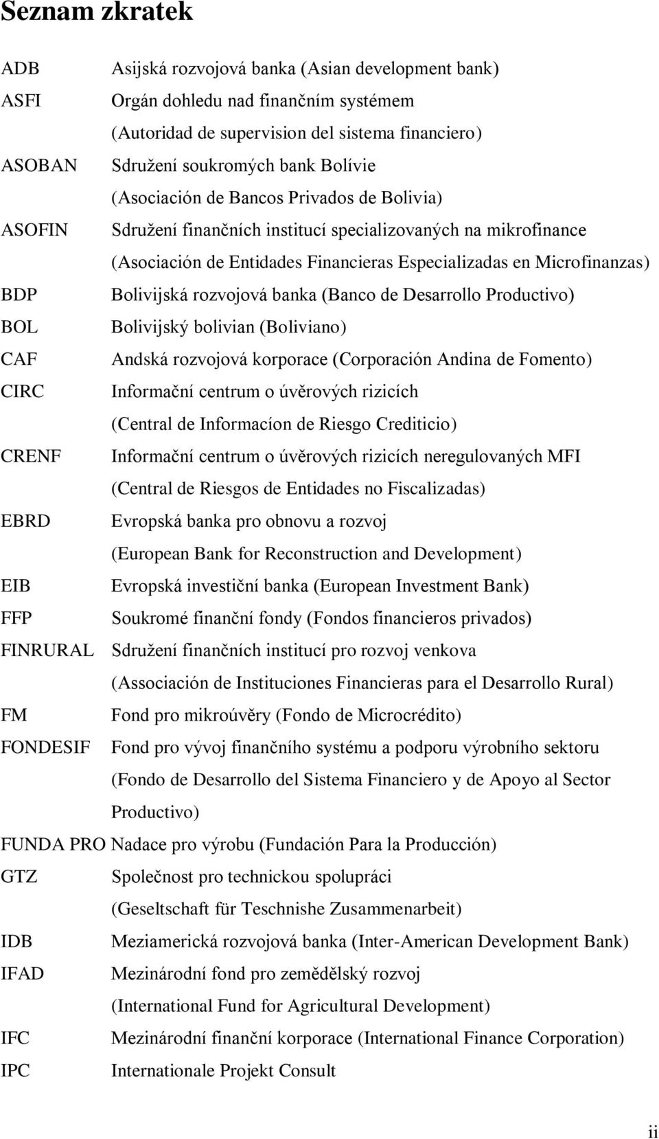 rozvojová banka (Banco de Desarrollo Productivo) BOL Bolivijský bolivian (Boliviano) CAF Andská rozvojová korporace (Corporación Andina de Fomento) CIRC Informační centrum o úvěrových rizicích