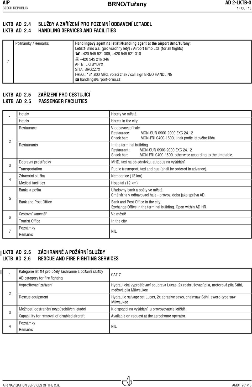 (pro všechny lety) / Airport Brno Ltd. (for all flights) +420 545 521 309, +420 545 521 310 +420 545 216 346 AFTN: LKTBYDYX SITA: BRQCZ7X FREQ.