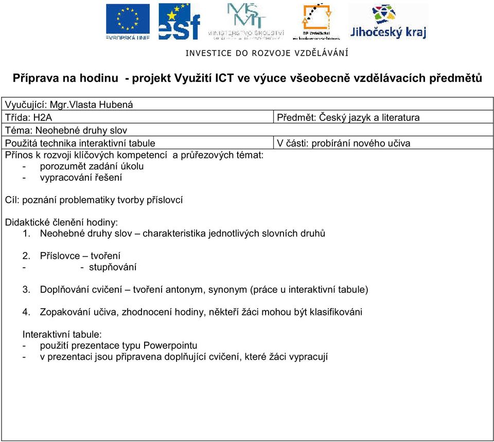 ešení P edm t: eský jazyk a literatura V ásti: probírání nového u iva Cíl: poznání problematiky tvorby p íslovcí 1. Neohebné druhy slov charakteristika jednotlivých slovních druh 2.