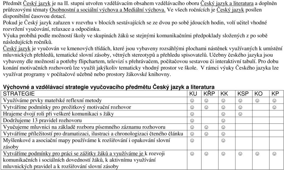 Pokud je Český jazyk zařazen v rozvrhu v blocích sestávajících se ze dvou po sobě jdoucích hodin, volí učitel vhodné rozvržení vyučování, relaxace a odpočinku.