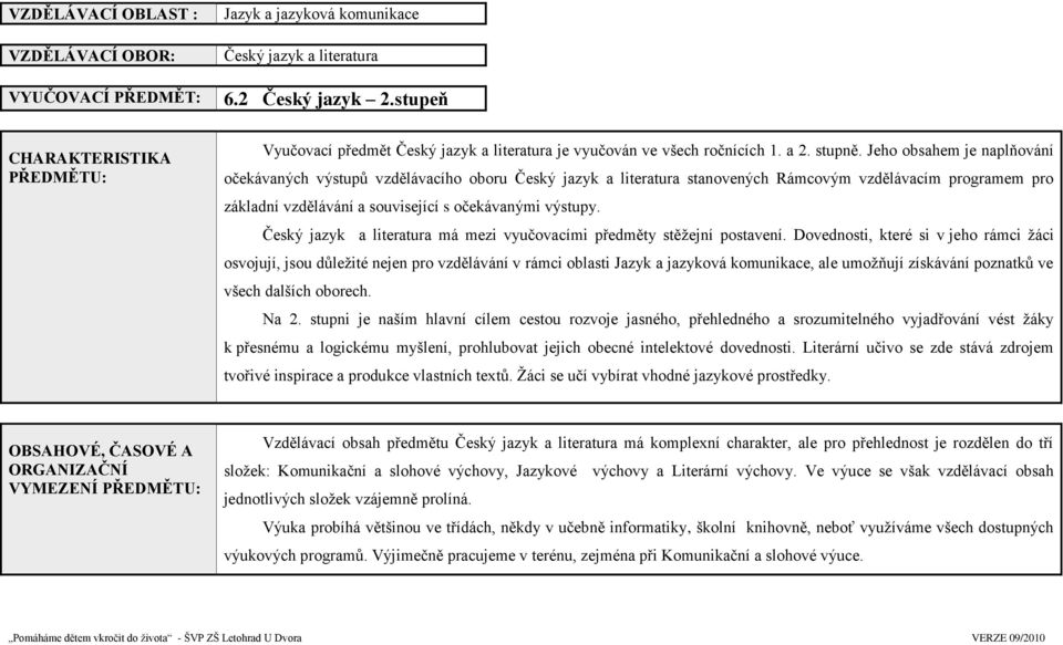 Jeho obsahem je naplňování očekávaných výstupů vzdělávacího oboru Český jazyk a literatura stanovených Rámcovým vzdělávacím programem pro základní vzdělávání a související s očekávanými výstupy.