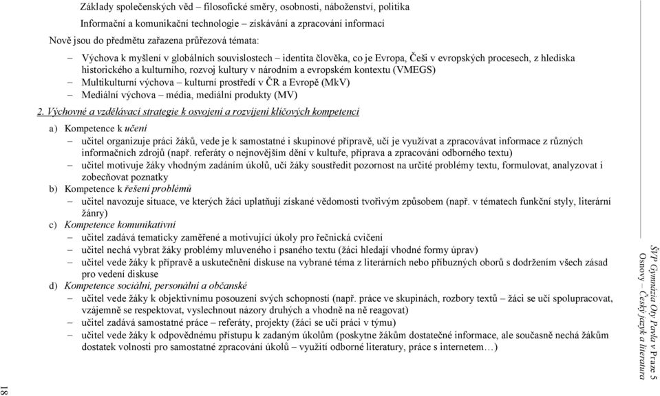 národním a evropském kontextu (VMEGS) Multikulturní výchova kulturní prostředí v ČR a Evropě (MkV) Mediální výchova média, mediální produkty (MV) 2.