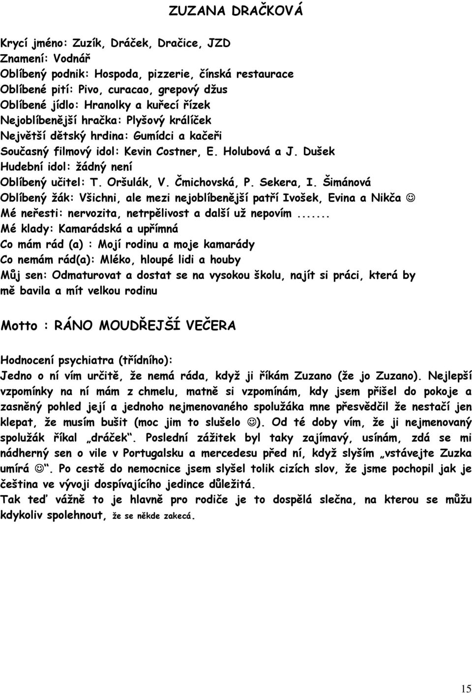 Oršulák, V. Čmichovská, P. Sekera, I. Šimánová Oblíbený žák: Všichni, ale mezi nejoblíbenější patří Ivošek, Evina a Nikča Mé neřesti: nervozita, netrpělivost a další už nepovím.