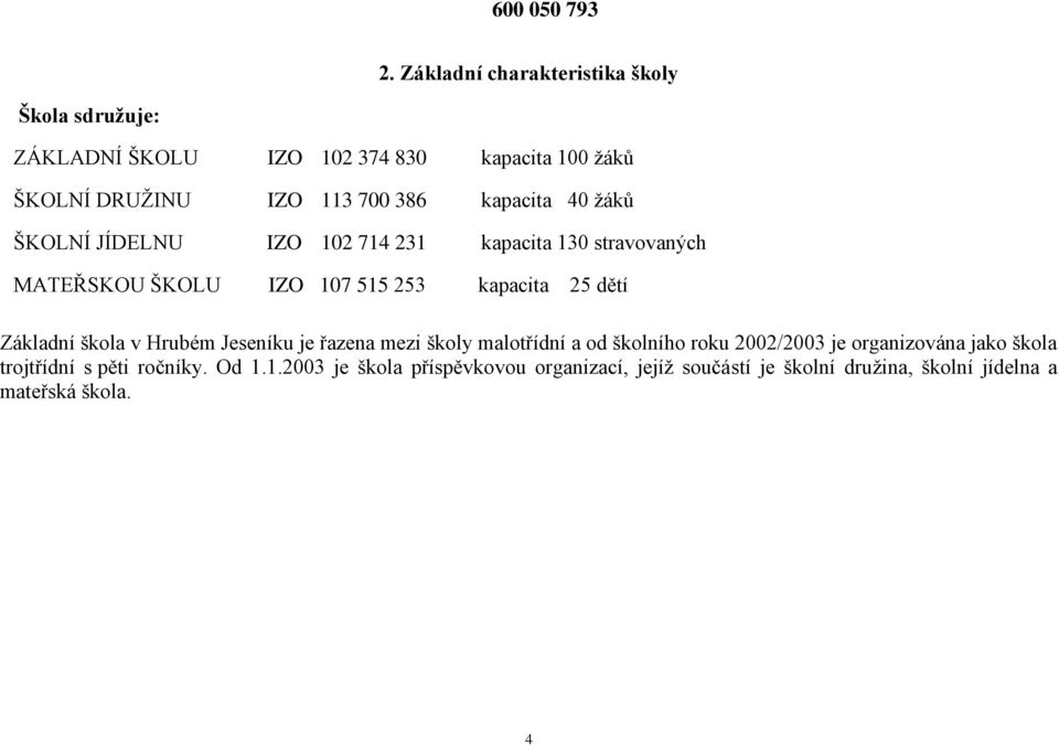 kapacita 40 ţáků ŠKOLNÍ JÍDELNU IZO 102 714 231 kapacita 130 stravovaných MATEŘSKOU ŠKOLU IZO 107 515 253 kapacita 25 dětí Základní