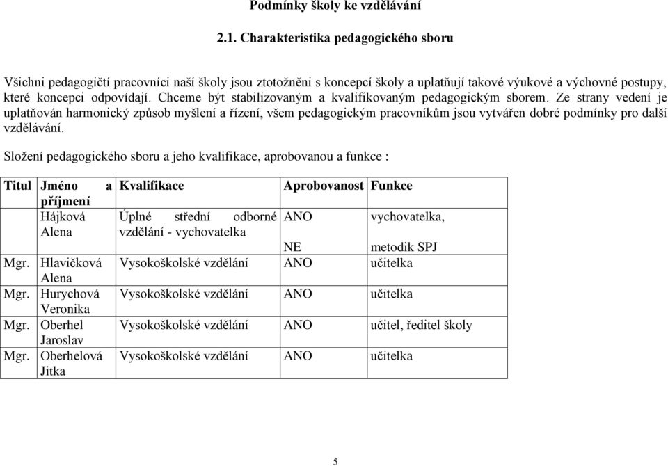 Chceme být stabilizovaným a kvalifikovaným pedagogickým sborem.