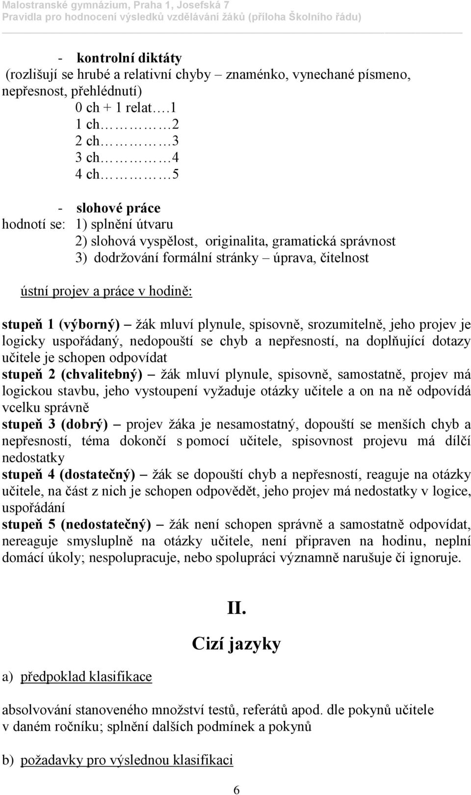 práce v hodině: stupeň 1 (výborný) žák mluví plynule, spisovně, srozumitelně, jeho projev je logicky uspořádaný, nedopouští se chyb a nepřesností, na doplňující dotazy učitele je schopen odpovídat