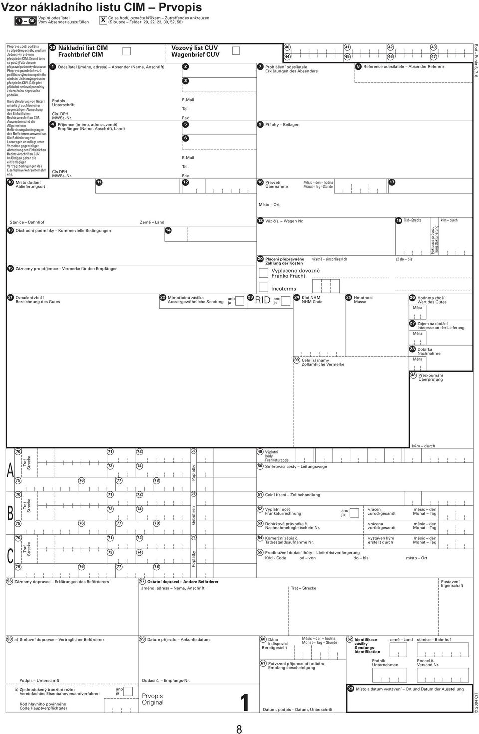 1 Odesílatel (jméno, adresa) Absender (Name, Anschrift) Přeprava prázdných vozů podléhá s výhradou opačného ujednání Jednotným právním předpisům CUV.