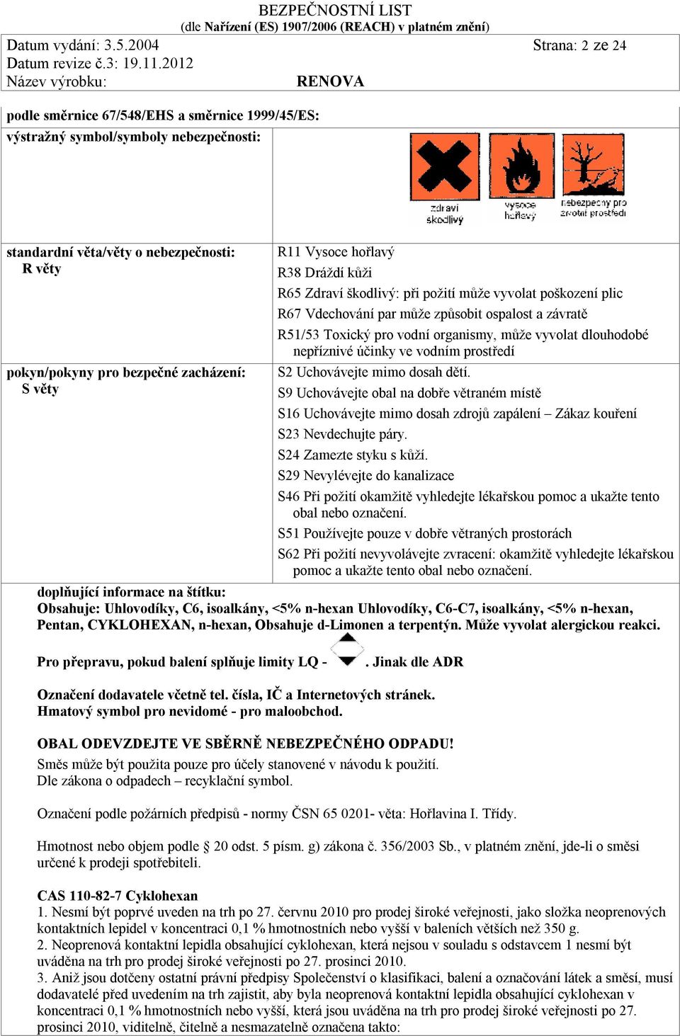 R11 Vysoce hořlavý R38 Dráždí kůži R65 Zdraví škodlivý: při požití může vyvolat poškození plic R67 Vdechování par může způsobit ospalost a závratě R51/53 Toxický pro vodní organismy, může vyvolat