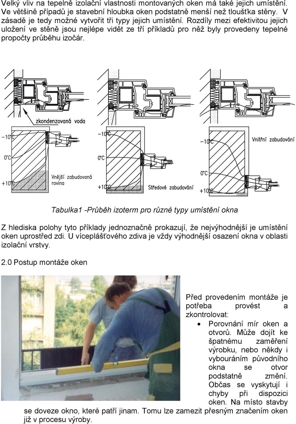 Tabulka1 -Průběh izoterm pro různé typy umístění okna Z hlediska polohy tyto příklady jednoznačně prokazují, že nejvýhodnější je umístění oken uprostřed zdi.