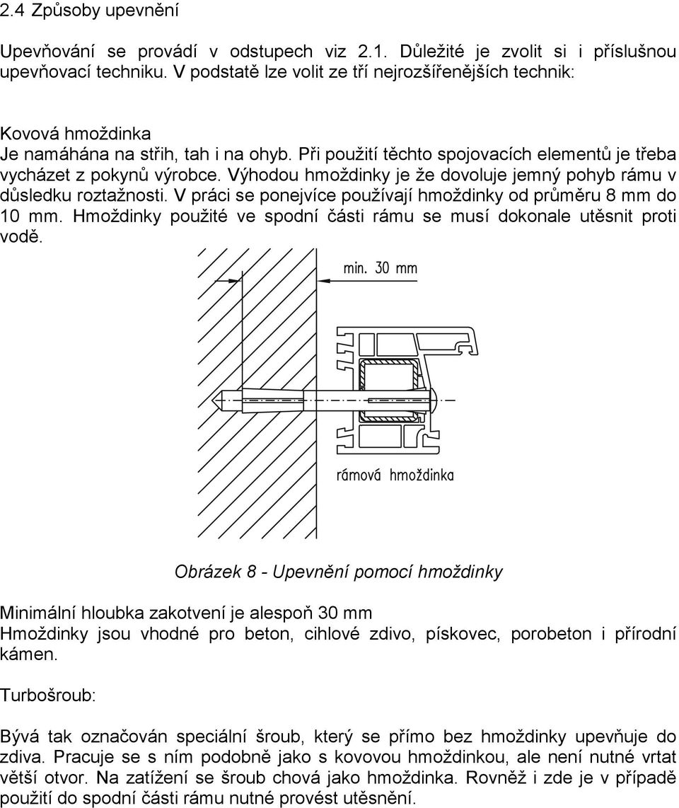 Výhodou hmoždinky je že dovoluje jemný pohyb rámu v důsledku roztažnosti. V práci se ponejvíce používají hmoždinky od průměru 8 mm do 10 mm.