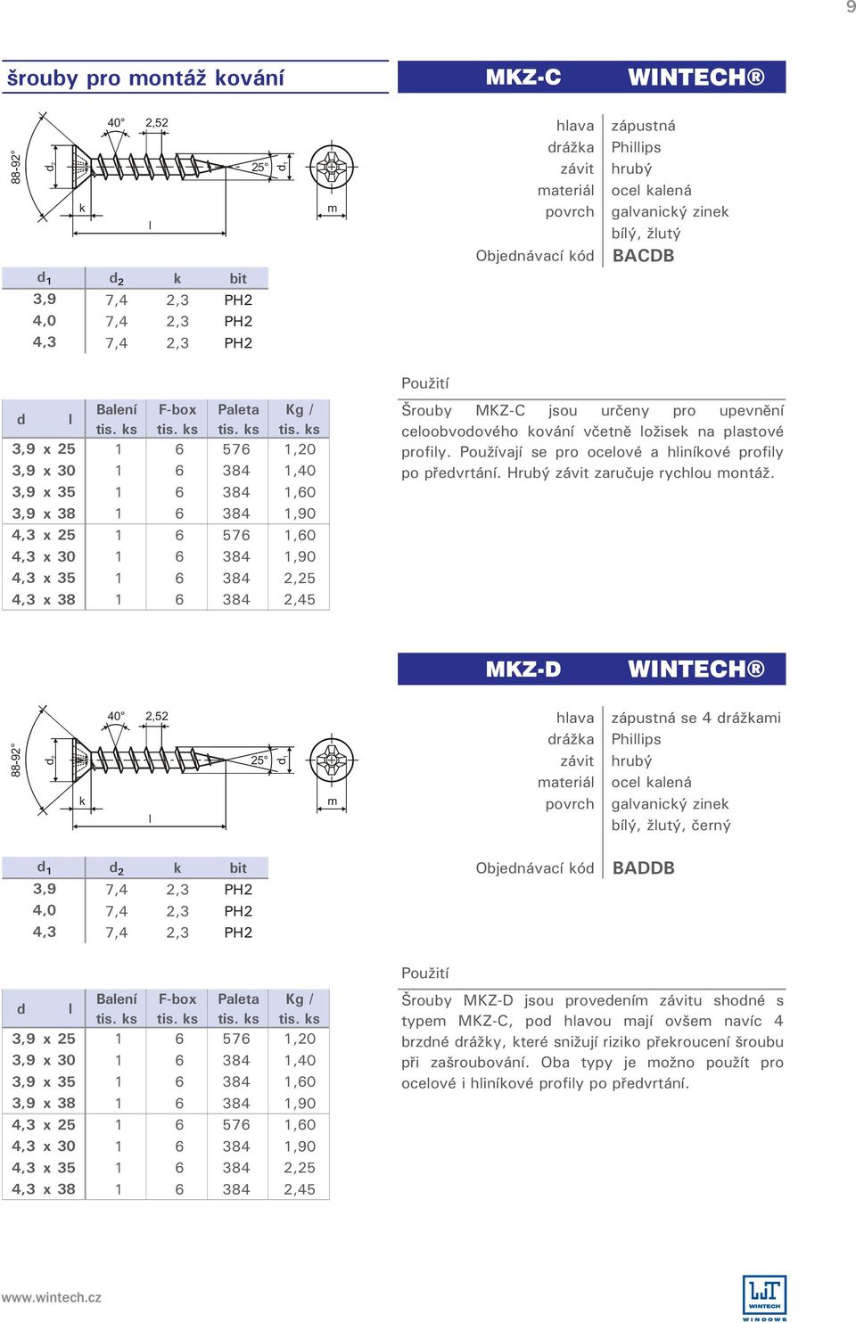 38 1 6 384 2,45 Použití Šrouby MKZ-C jsou ur eny pro upevn ní ceoobvodového kování v etn ožisek na pastové profiy. Používají se pro oceové a hiníkové profiy po p edvrtání.