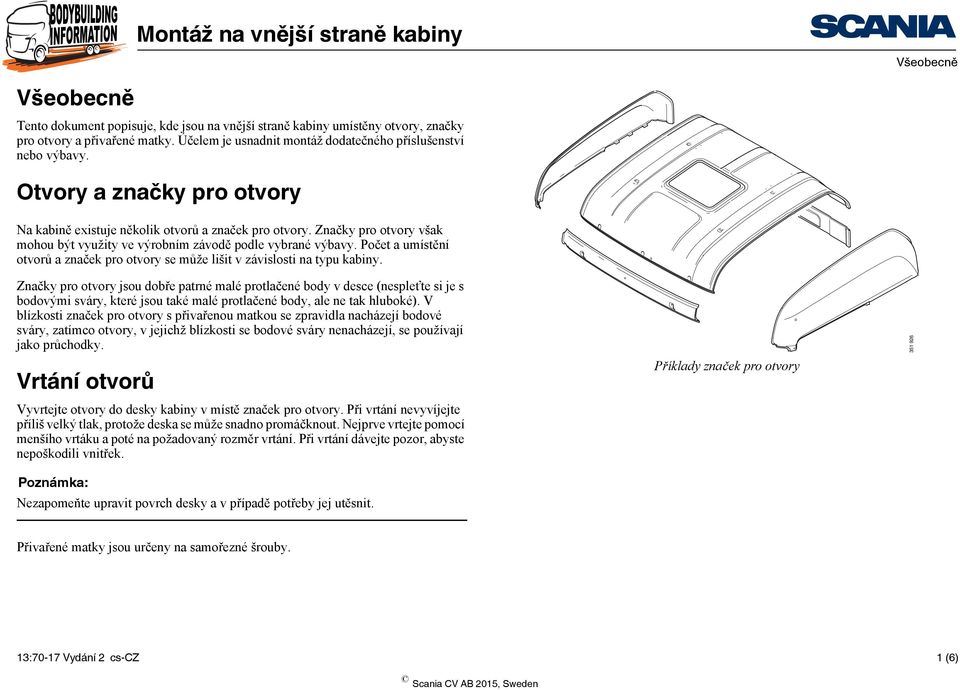 Počet a umístění otvorů a značek pro otvory se může lišit v závislosti na typu kabiny.