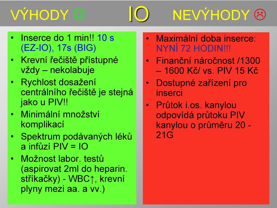 ! Minimální množství komplikací Spektrum podávaných léků a infůzí PIV = IO Možnost labor. testů (aspirovat 2ml do heparin.