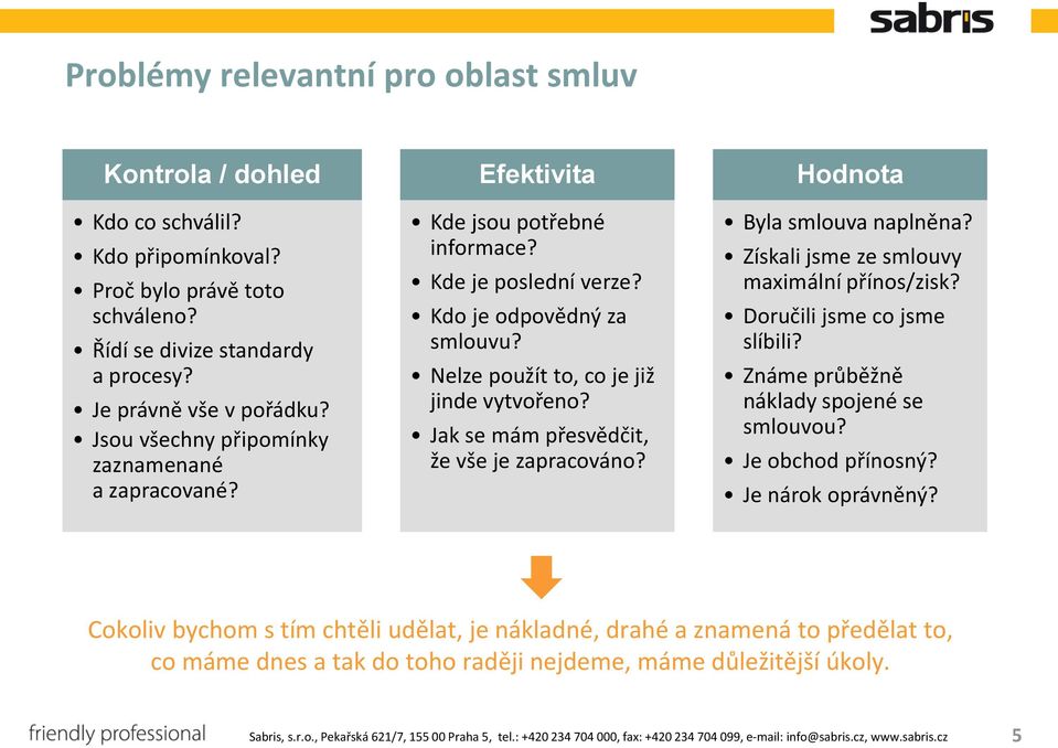 Jak se mám přesvědčit, že vše je zapracováno? Hodnota Byla smlouva naplněna? Získali jsme ze smlouvy maximální přínos/zisk? Doručili jsme co jsme slíbili? Známe průběžně náklady spojené se smlouvou?