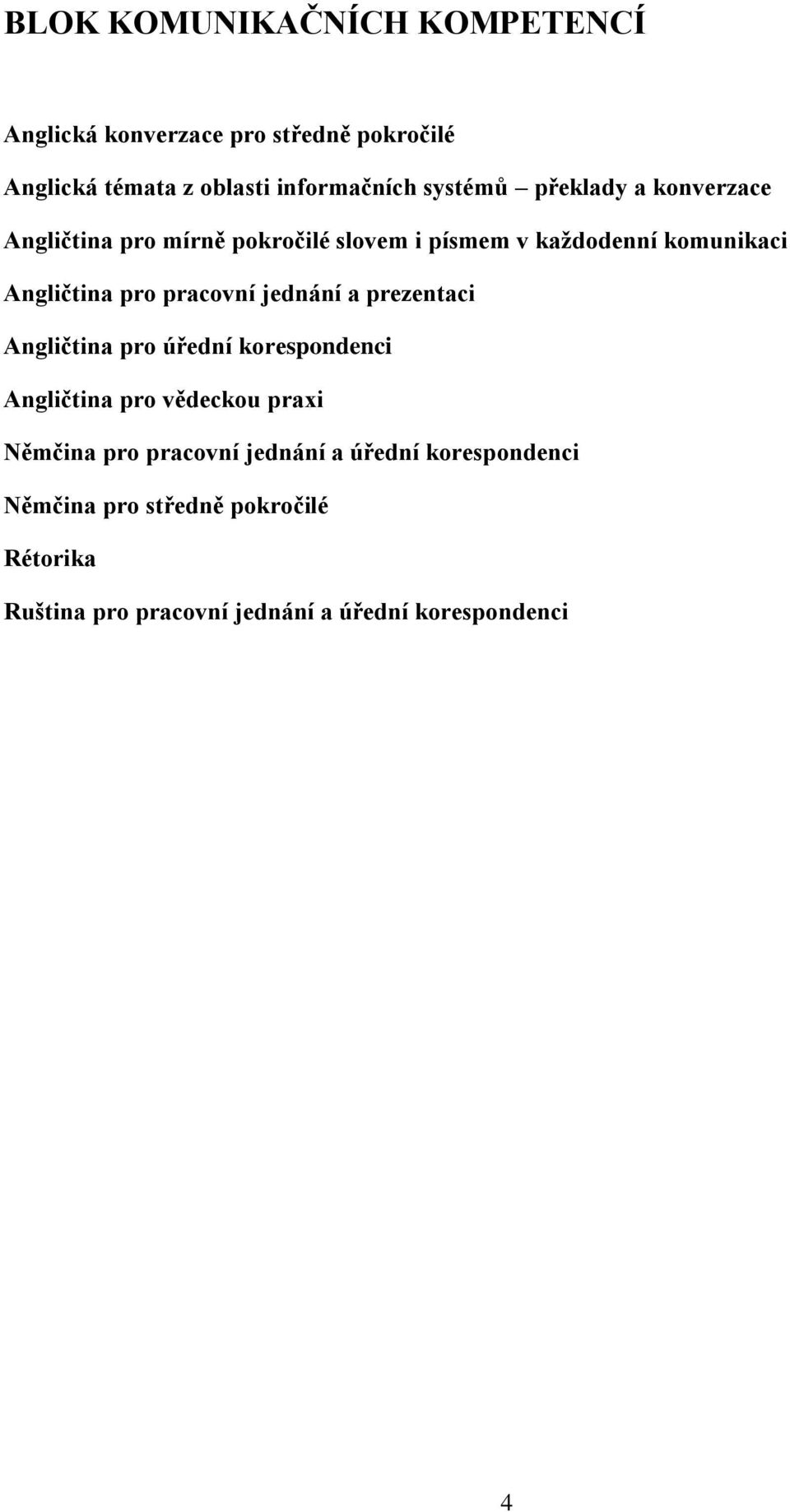 pracovní jednání a prezentaci Angličtina pro úřední korespondenci Angličtina pro vědeckou praxi Němčina pro pracovní