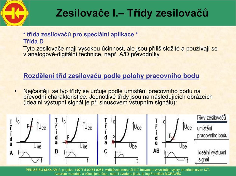 A/D převodníky Rozdělení tříd zesilovačů podle polohy pracovního bodu Nejčastěji se typ třídy se určuje podle