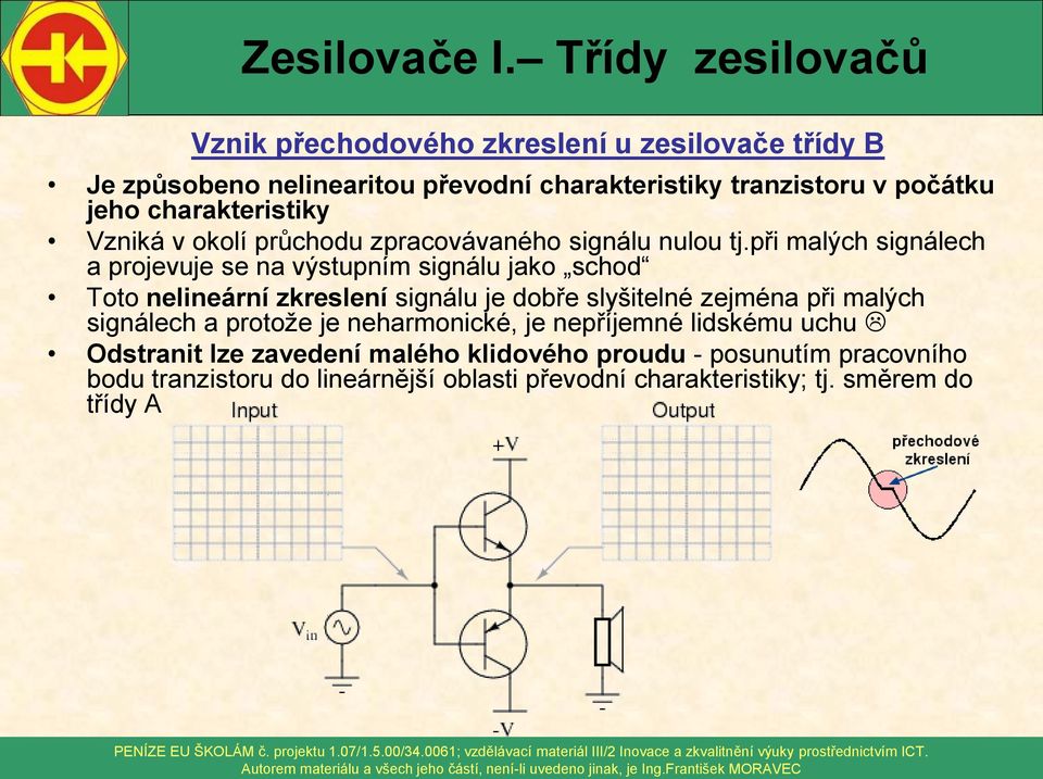 při malých signálech a projevuje se na výstupním signálu jako schod Toto nelineární zkreslení signálu je dobře slyšitelné zejména při malých