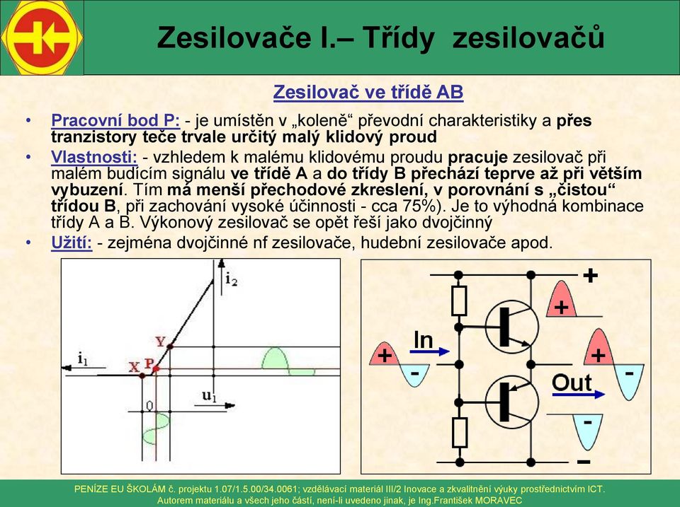 až při větším vybuzení. Tím má menší přechodové zkreslení, v porovnání s čistou třídou B, při zachování vysoké účinnosti - cca 75%).